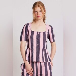 Damson Madder Philly Peplum Blouse in Pink/Navy Stripe UK 14 / US 10